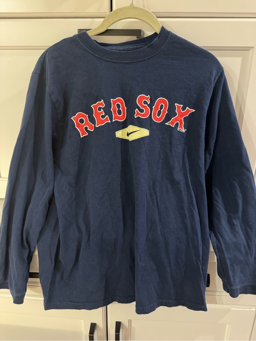 Nike Kids Navy Long Sleeve Red Sox Logo Tee with Yellow Nike Mark